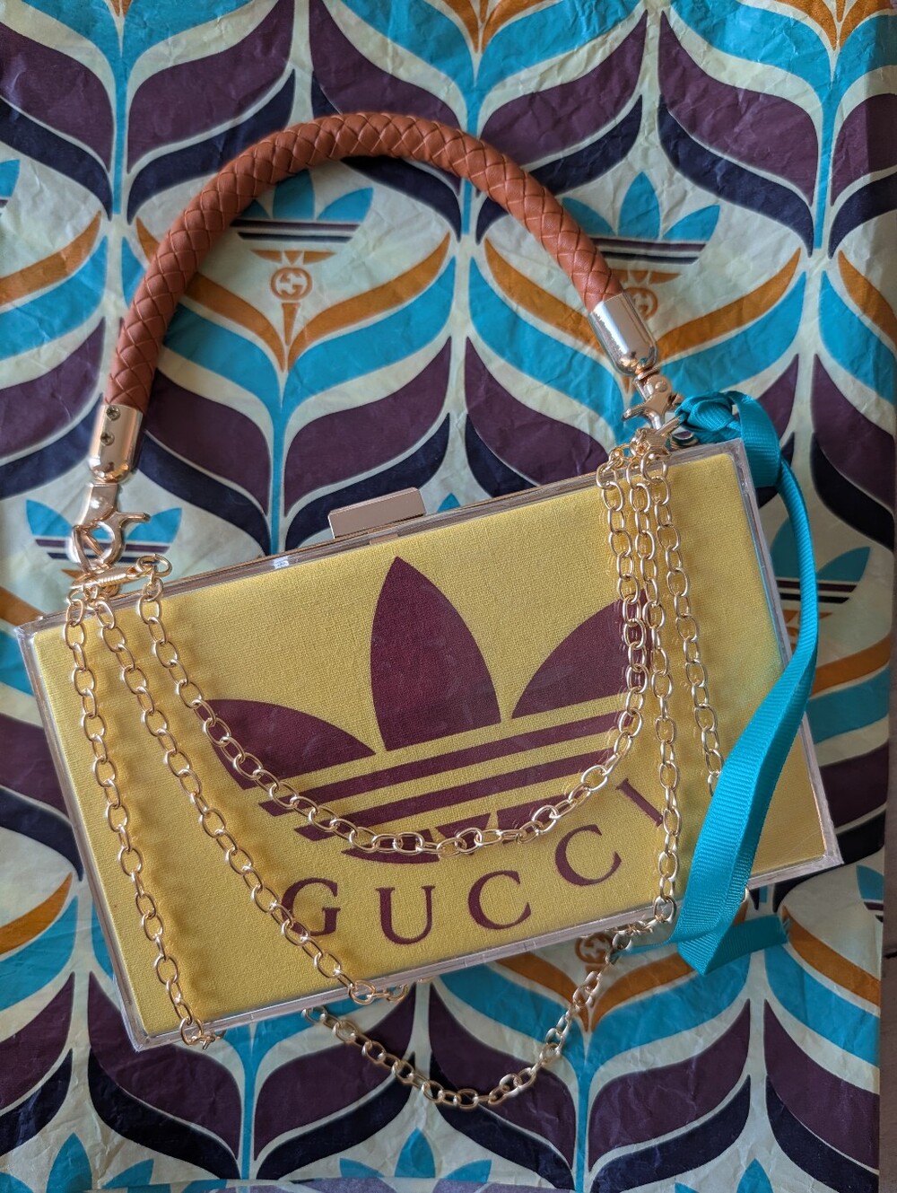 Upcycled Gucci X Adidas Yellow Box Clutch with Burgundy Logo and Teal Ribbon